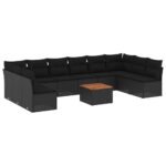 11-Piece Garden Sofa Set with Cushions Black Poly Rattan Wicker Outdoor Patio Furniture