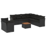 10-Piece Garden Sofa Set with Cushions Black Poly Rattan Wicker Outdoor Patio Furniture