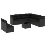 10-Piece Garden Sofa Set with Cushions Black Poly Rattan Wicker Outdoor Patio Furniture
