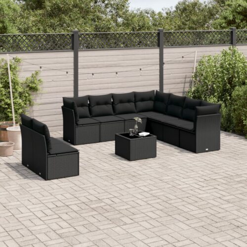 10-Piece Garden Sofa Set with Cushions Black Poly Rattan Wicker Outdoor Patio Furniture - Image 2