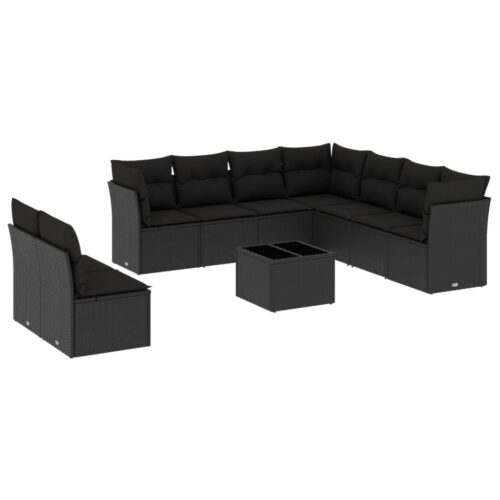 10-Piece Garden Sofa Set with Cushions Black Poly Rattan Wicker Outdoor Patio Furniture - Image 5