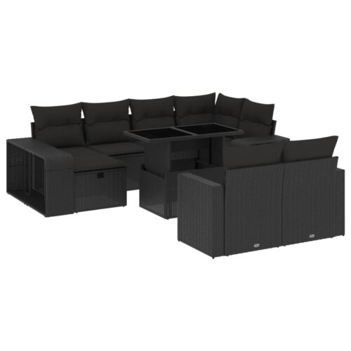11-Piece Garden Sofa Set with Cushions Black Poly Rattan Wicker Outdoor Patio Furniture