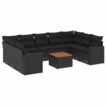 10-Piece Garden Sofa Set with Cushions Black Poly Rattan Wicker Outdoor Patio Furniture