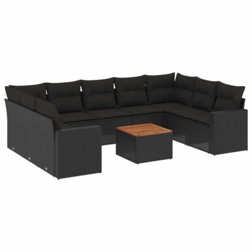 10-Piece Garden Sofa Set with Cushions Black Poly Rattan Wicker Outdoor Patio Furniture