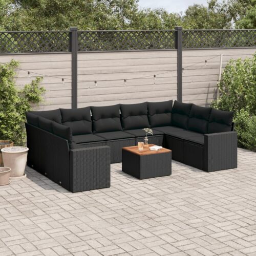 10-Piece Garden Sofa Set with Cushions Black Poly Rattan Wicker Outdoor Patio Furniture - Image 2