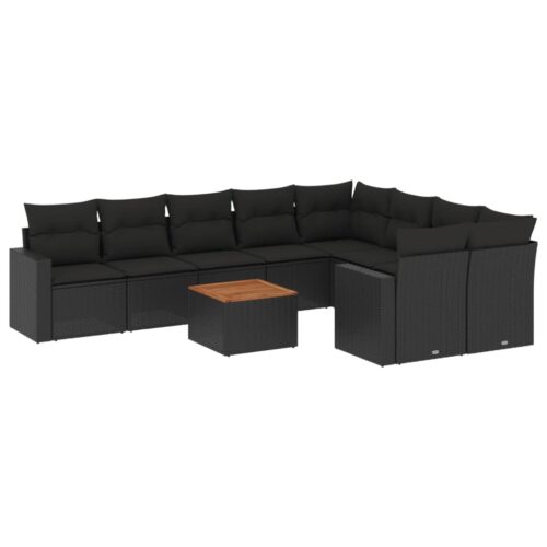 10-Piece Garden Sofa Set with Cushions Black Poly Rattan Wicker Outdoor Patio Furniture