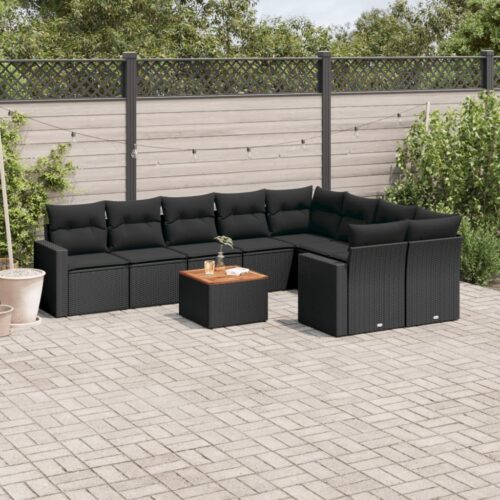 10-Piece Garden Sofa Set with Cushions Black Poly Rattan Wicker Outdoor Patio Furniture - Image 2