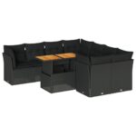 9-Piece Garden Sofa Set with Cushions Black Poly Rattan Wicker Outdoor Patio Furniture