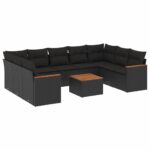 10-Piece Garden Sofa Set with Cushions Black Poly Rattan Wicker Outdoor Patio Furniture