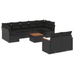 10-Piece Garden Sofa Set with Cushions Black Poly Rattan Wicker Outdoor Patio Furniture