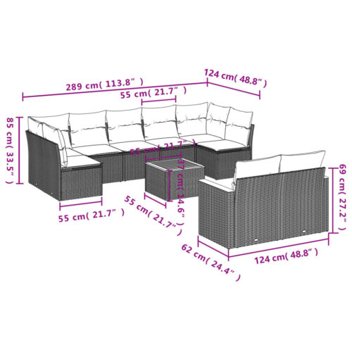 10-Piece Garden Sofa Set with Cushions Black Poly Rattan Wicker Outdoor Patio Furniture - Image 3
