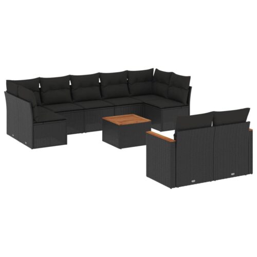 10-Piece Garden Sofa Set with Cushions Black Poly Rattan Wicker Outdoor Patio Furniture - Image 5