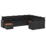 10-Piece Garden Sofa Set with Cushions Black Poly Rattan Wicker Outdoor Patio Furniture