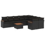 10-Piece Garden Sofa Set with Cushions Black Poly Rattan Wicker Outdoor Patio Furniture
