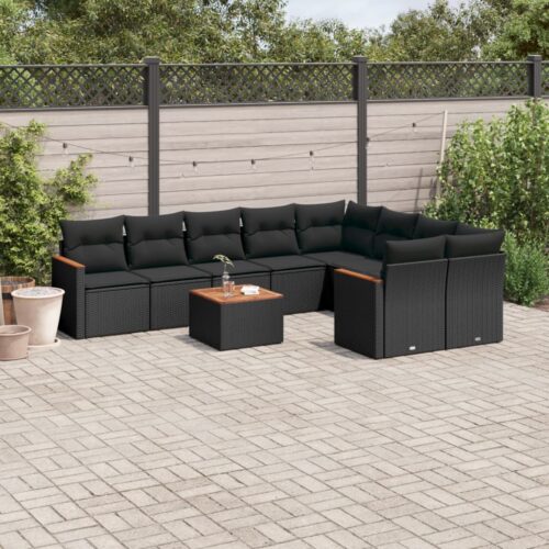 10-Piece Garden Sofa Set with Cushions Black Poly Rattan Wicker Outdoor Patio Furniture - Image 2
