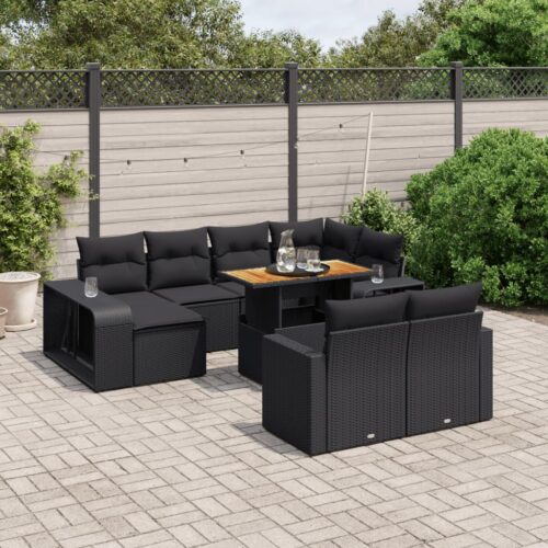 11-Piece Garden Sofa Set with Cushions Black Poly Rattan Wicker Outdoor Patio Furniture - Image 2