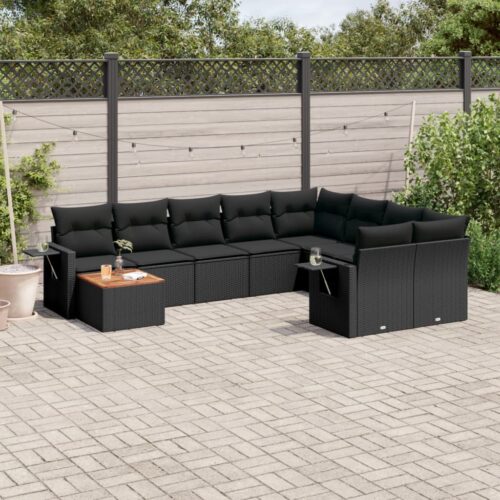 10-Piece Garden Sofa Set with Cushions Black Poly Rattan Wicker Outdoor Patio Furniture - Image 2