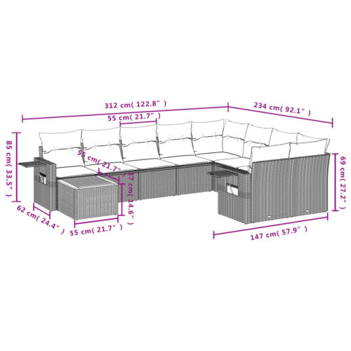 10-Piece Garden Sofa Set with Cushions Black Poly Rattan Wicker Outdoor Patio Furniture - Image 3