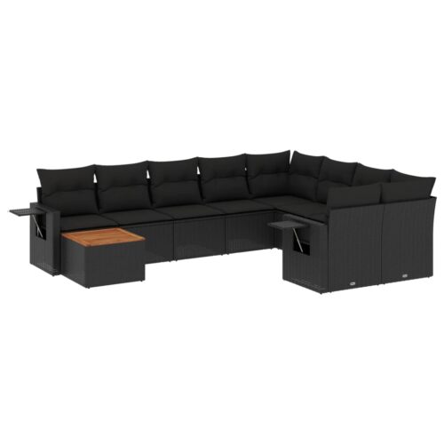 10-Piece Garden Sofa Set with Cushions Black Poly Rattan Wicker Outdoor Patio Furniture - Image 5