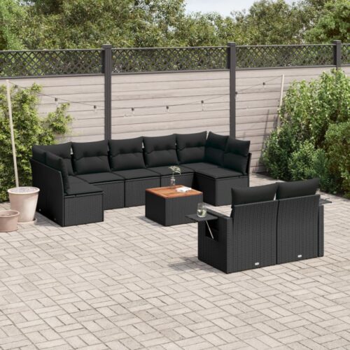 10-Piece Garden Sofa Set with Cushions Black Poly Rattan Wicker Outdoor Patio Furniture - Image 2