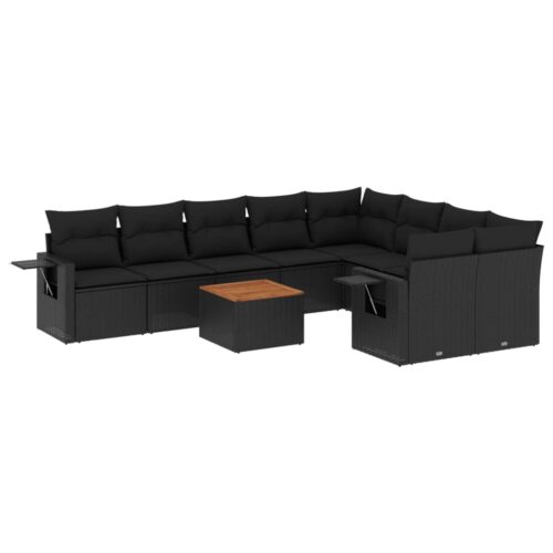 10-Piece Garden Sofa Set with Cushions Black Poly Rattan Wicker Outdoor Patio Furniture