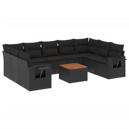 10-Piece Garden Sofa Set with Cushions Black Poly Rattan Wicker Outdoor Patio Furniture