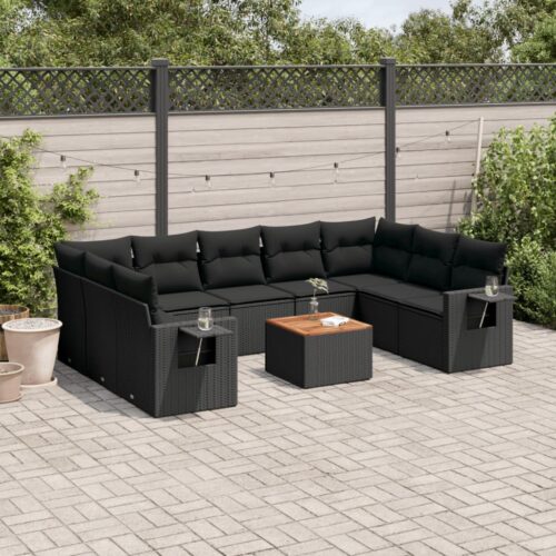 10-Piece Garden Sofa Set with Cushions Black Poly Rattan Wicker Outdoor Patio Furniture - Image 2