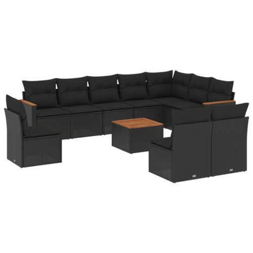 11-Piece Garden Sofa Set with Cushions Black Poly Rattan Wicker Outdoor Patio Furniture - Image 14