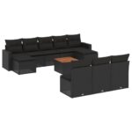 11-Piece Garden Sofa Set with Cushions Black Poly Rattan Wicker Outdoor Patio Furniture