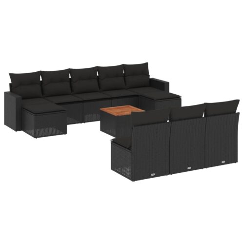 11-Piece Garden Sofa Set with Cushions Black Poly Rattan Wicker Outdoor Patio Furniture