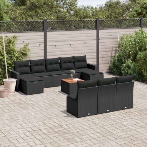 11-Piece Garden Sofa Set with Cushions Black Poly Rattan Wicker Outdoor Patio Furniture - Image 2