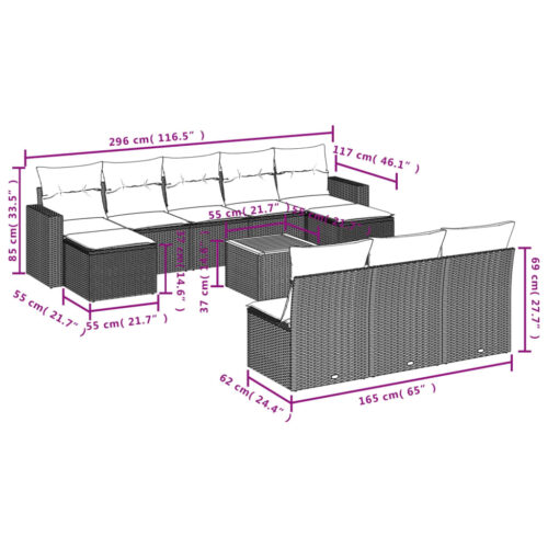 11-Piece Garden Sofa Set with Cushions Black Poly Rattan Wicker Outdoor Patio Furniture - Image 11