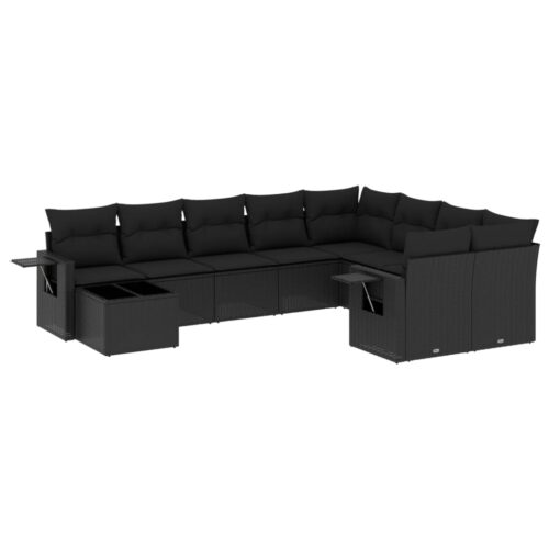 10-Piece Garden Sofa Set with Cushions Black Poly Rattan Wicker Outdoor Patio Furniture