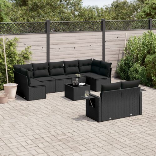 10-Piece Garden Sofa Set with Cushions Black Poly Rattan Wicker Outdoor Patio Furniture - Image 2