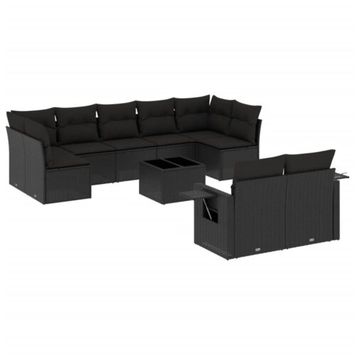 10-Piece Garden Sofa Set with Cushions Black Poly Rattan Wicker Outdoor Patio Furniture - Image 5