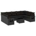 10-Piece Garden Sofa Set with Cushions Black Poly Rattan Wicker Outdoor Patio Furniture