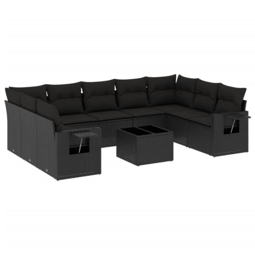 10-Piece Garden Sofa Set with Cushions Black Poly Rattan Wicker Outdoor Patio Furniture