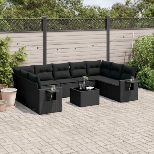 10-Piece Garden Sofa Set with Cushions Black Poly Rattan Wicker Outdoor Patio Furniture - Image 2