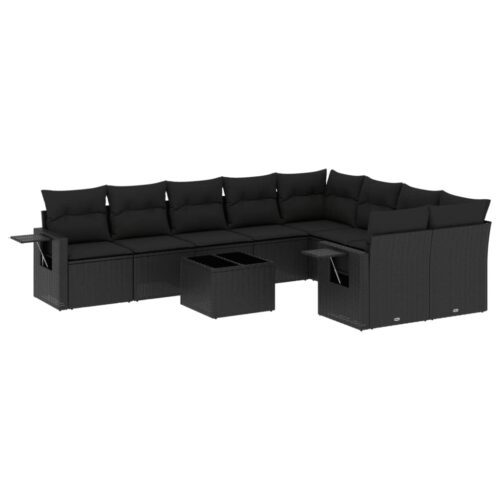 10-Piece Garden Sofa Set with Cushions Black Poly Rattan Wicker Outdoor Patio Furniture