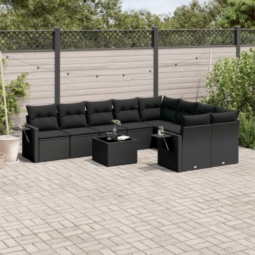 10-Piece Garden Sofa Set with Cushions Black Poly Rattan Wicker Outdoor Patio Furniture - Image 2
