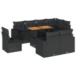 9-Piece Garden Sofa Set with Cushions Black Poly Rattan Wicker Outdoor Patio Furniture