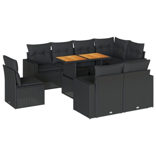 9-Piece Garden Sofa Set with Cushions Black Poly Rattan Wicker Outdoor Patio Furniture