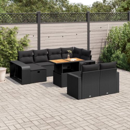 11-Piece Garden Sofa Set with Cushions Black Poly Rattan Wicker Outdoor Patio Furniture - Image 2