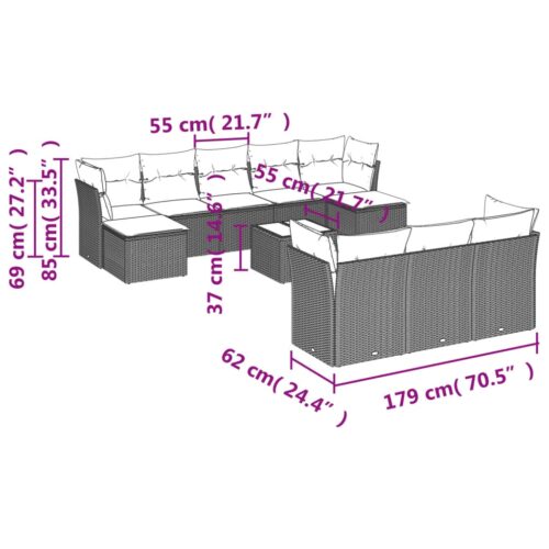 11-Piece Garden Sofa Set with Cushions Black Poly Rattan Wicker Outdoor Patio Furniture - Image 8