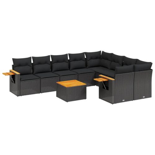 10-Piece Garden Sofa Set with Cushions Black Poly Rattan Wicker Outdoor Patio Furniture