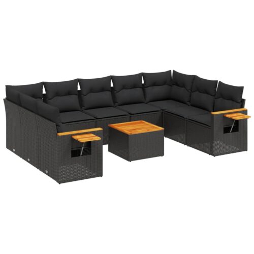 10-Piece Garden Sofa Set with Cushions Black Poly Rattan Wicker Outdoor Patio Furniture