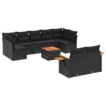 10-Piece Garden Sofa Set with Cushions Black Poly Rattan Wicker Outdoor Patio Furniture