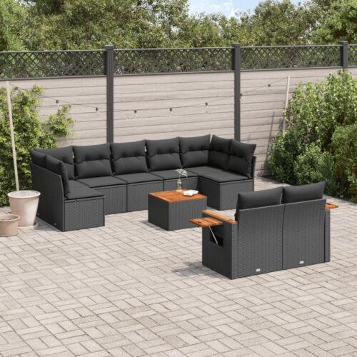 10-Piece Garden Sofa Set with Cushions Black Poly Rattan Wicker Outdoor Patio Furniture - Image 2
