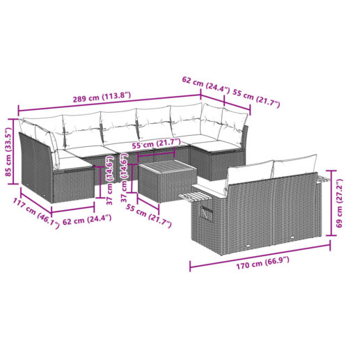 10-Piece Garden Sofa Set with Cushions Black Poly Rattan Wicker Outdoor Patio Furniture - Image 3