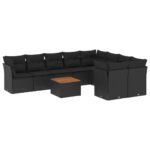 10-Piece Garden Sofa Set with Cushions Black Poly Rattan Wicker Outdoor Patio Furniture